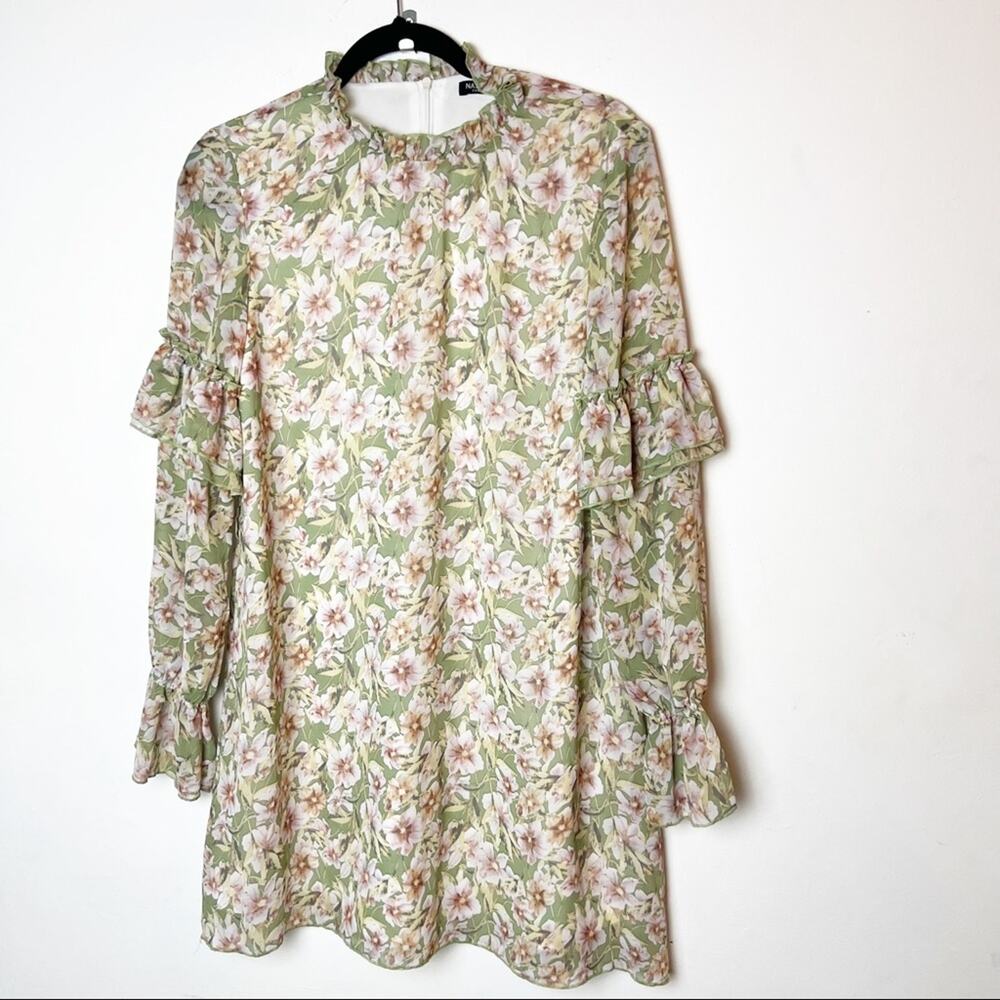 Nasty Gal Baby Doll Ruffle Dress Green & Pink SZ 6